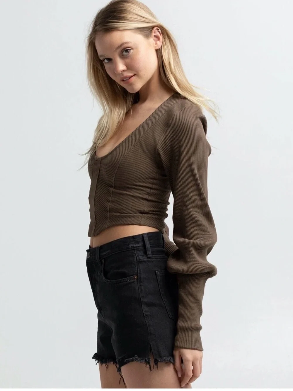 Free People Brown Ribbed Scoop-Neck Women's Top